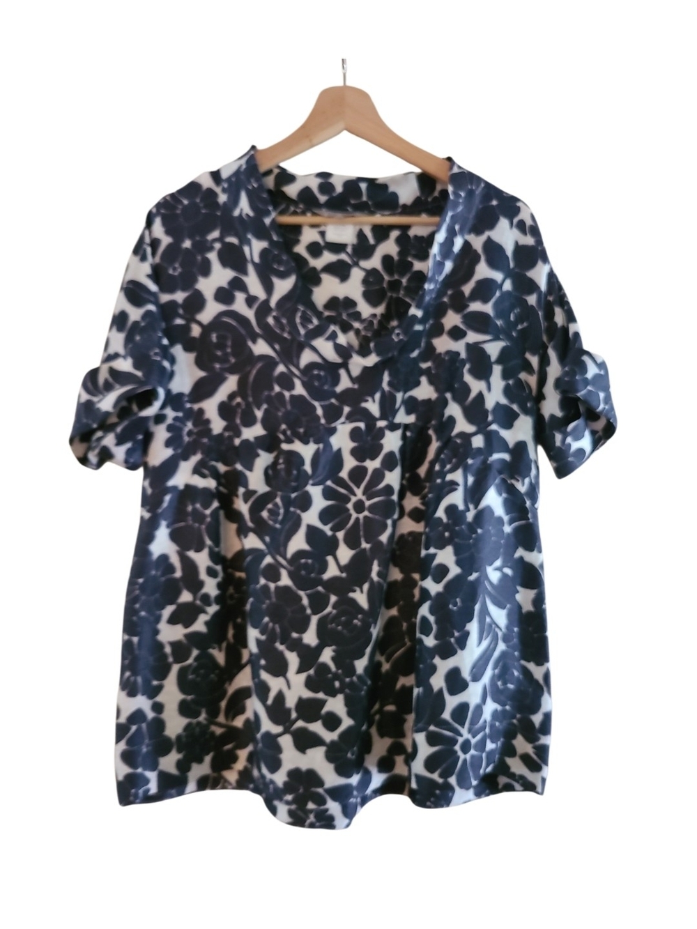 Jigsaw V Neck Floral Cuff Sleeve Tunic Blouse Navy White Umpire Silk Linen